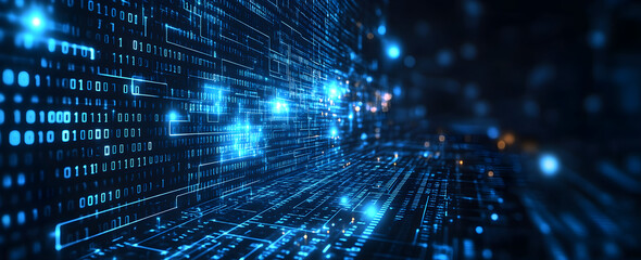 Abstract technology concept with blue gradient digital background, binary numbers, and data lines representing modern programming, global communication, and cyber information transfer systems