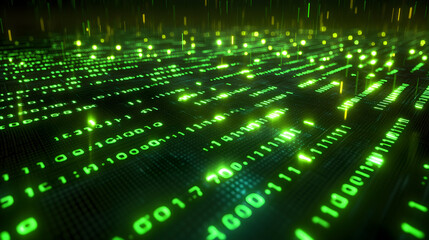 Abstract cyber background with glowing green binary code pattern of falling ones and zeros on black backdrop representing programming, hacking, encryption, and futuristic digital technology
