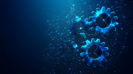 Futuristic dark blue low poly background featuring glowing interconnected gears and digital network lines representing data technology, engineering systems, and innovation concepts