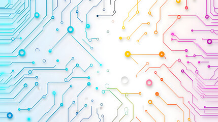 Minimalist pastel-toned electronic circuitry with delicate traces and connection points over bright white surface representing modern computing, data transfer, and technological advancement