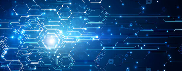 Abstract blue tech background featuring glowing white lines and geometric elements in modern vector style suitable for digital technology advertising, internet innovation, and business templates