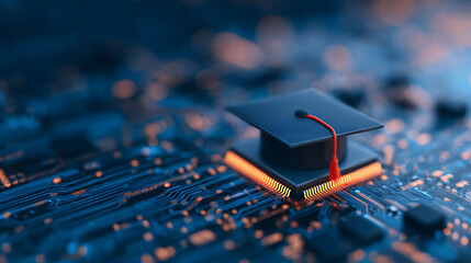 A graduation cap sits atop of fusion digital board, circuit the symbolizing a a and technology in education modern, tech-driven world. 97201560 1
