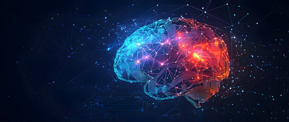 Futuristic blue background with polygonal brain shape and glowing circuit patterns, creative template for AI technology, machine learning, and innovation-focused digital banners