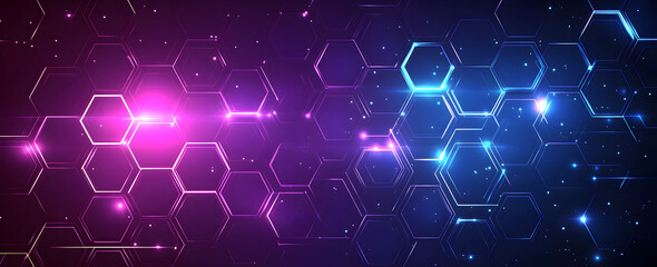 Abstract purple and blue digital background with glowing hexagonal pattern and network lines, futuristic geometric design for technology, science, business, data, and innovation concepts