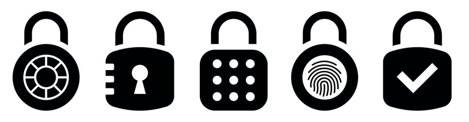 Lock icon collection. Different locks icon. Combination lock or padlock. Flat security symbol. Vector illustration.