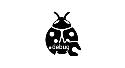 Creative black and white ladybug icon with debug text.