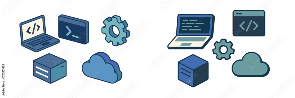 Isometric technology icons for web development, cloud computing, data storage, and system configuration