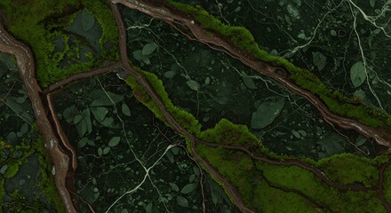 Close up of moss covered tree branches in a lush green forest canopy
