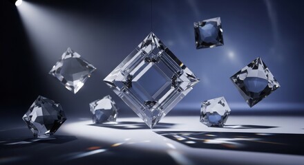 Crystalline geometric shapes floating in a spotlight with dramatic lighting and reflections