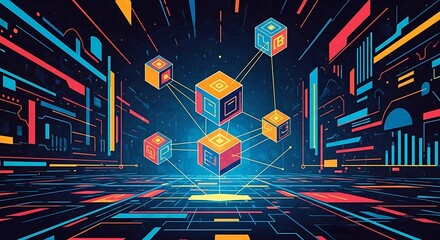 Futuristic visualization of blockchain technology, showing an interconnected decentralized network of glowing data blocks in a digital world