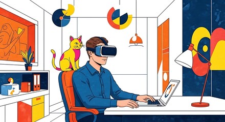 Man immersed in a virtual reality headset, working on a laptop in a vibrant, creative home office, illustrating the future of remote work