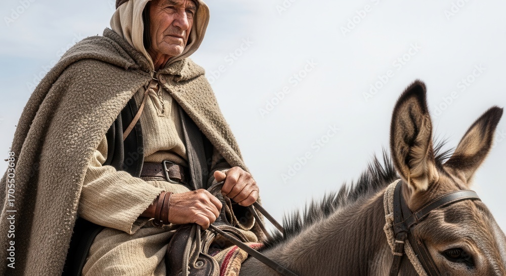 Old man riding a donkey on a journey. Biblical times of ancient Judea ...