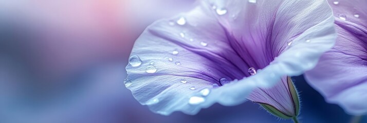 Wall Mural - A Serene Close-Up of Lavender Morning Glory Petals Drenched in Dew Drops Under Soft Morning Light