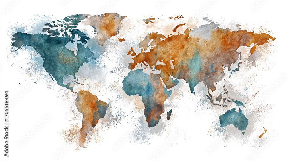 Watercolor world map illustration with continents in shades of blue and ...