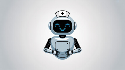 A friendly robot nurse with a nurse hat, offering healthcare assistance with a cheerful expression and folded hands