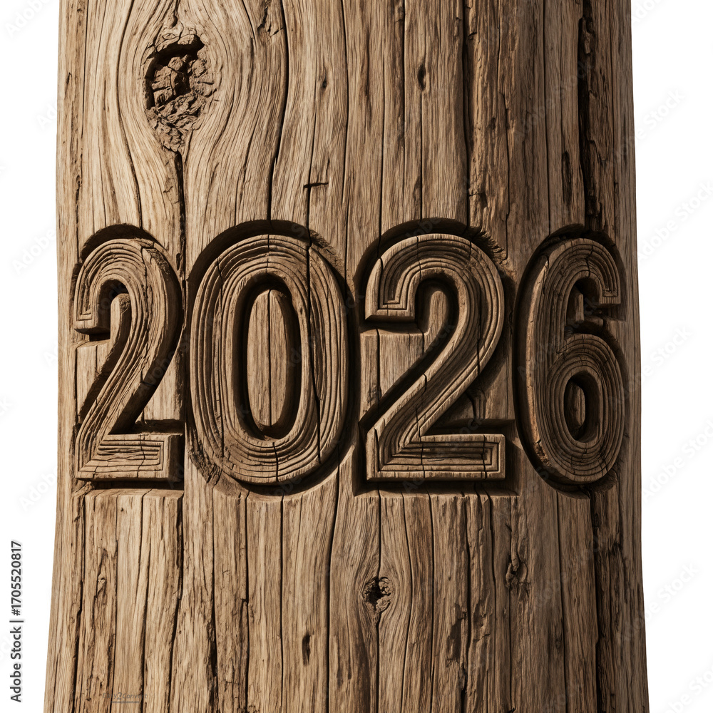 Wooden Style "2026" on Wood Background Carved Wooden Numbers 2026 with