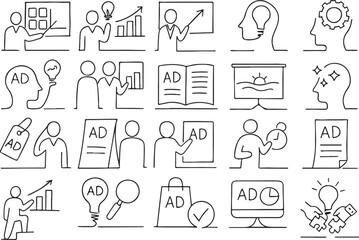 A hand drawn set of medical and business icons with doodle and vector design