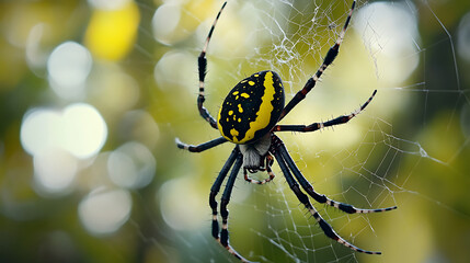 Close Up Macro Photography of Large Black and Yellow Spider on net blur backdrop, Detailed Wildlife Shot