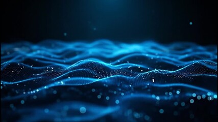 Dynamic digital wave patterns shimmer with glowing particles, representing data flow and futuristic technology in a deep blue abstract background.