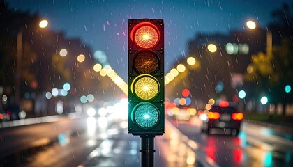 a close-up view of a traffic light with the top light illuminated in red, situated on a rainy city s