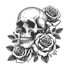 Wall Mural - human skull surrounded by blooming roses and leaves, symbolizing mortality, beauty, and contrast sketch engraving generative ai raster illustration. Scratch board imitation. Black and white image.