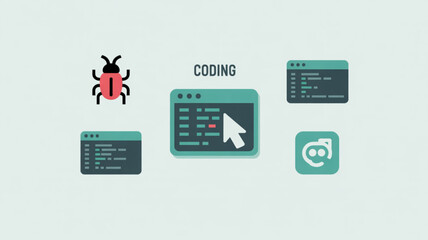 Coding and debugging concept illustration with bug, code windows, and cursor, symbolizing software development and problemsolving process