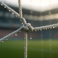 Close-up dew on soccer goal net after rain