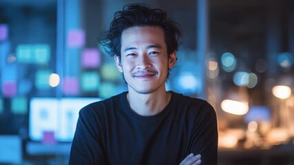 Confident Asian Male Programmer Smiling in Tech Office