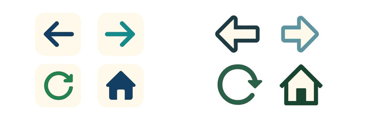 Essential user interface navigation icons for web and mobile applications including home, refresh, back, and forward arrows