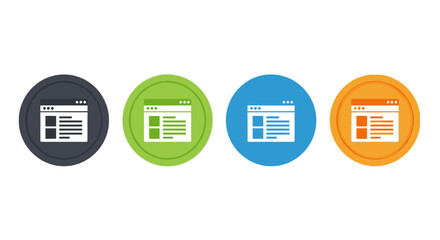 Four circular icons showing website browser interface in different colors.