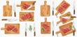 © studio - Watercolor illustration featuring various cuts of raw meat on wooden cutting boards with knives and dill sprigs.