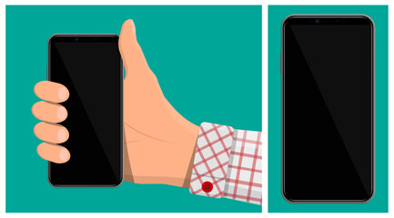 Man holding modern smartphone with blank black screen and generic mobile device. Advertising new application or website.