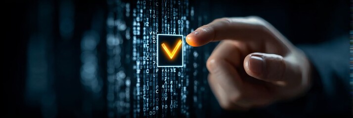 Finger Interacting with a Glowing Tick Icon on a High-Tech Virtual Display with Security Overlay