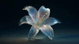 Elegant crystal lily flower with golden stamen on a dark, reflective surface