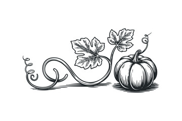 Wall Mural - Pumpkin and vine with leaves on transparent background. Vector hand drawn illustration