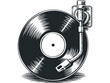 © Maestro - Vintage record player with vinyl disc. Vector hand drawn illustration