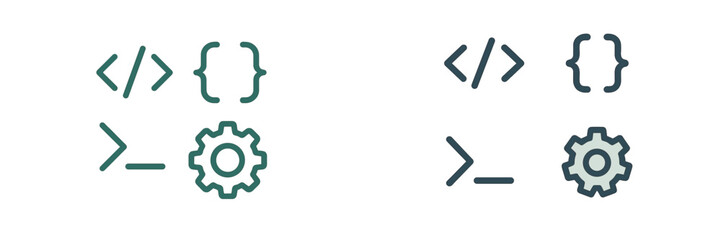 Set of programming and development icons featuring essential symbols like code tags, curly braces, command prompt, and gear for software engineering and web design projects