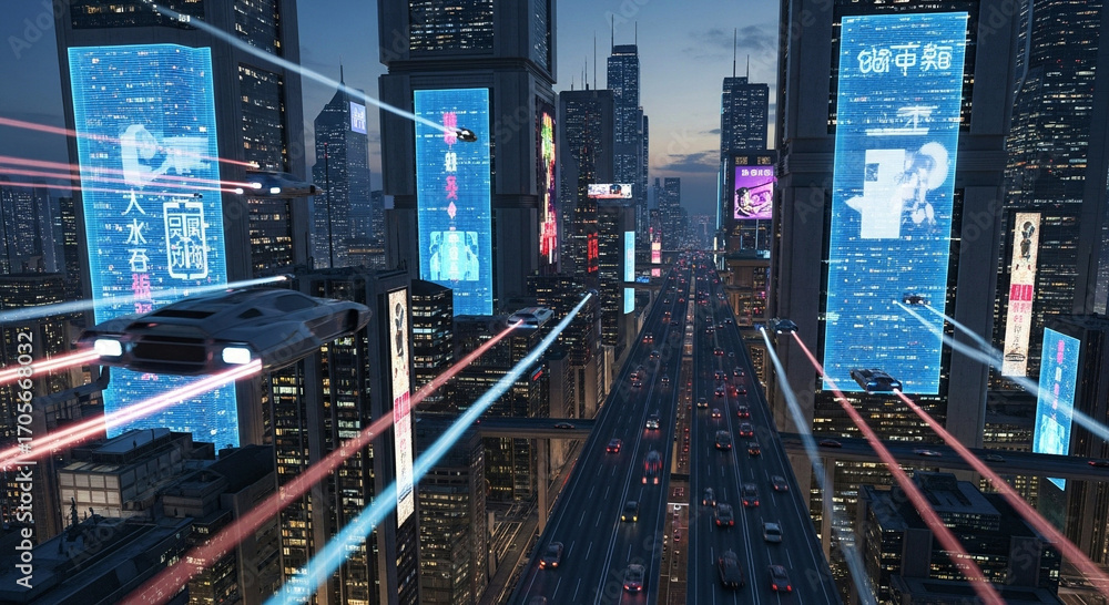 Photo of futuristic cityscape at night with flying cars and neon ...
