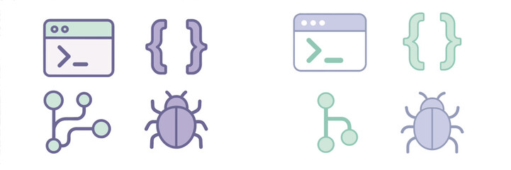 Programming and software development concept icons set featuring terminal, code, branch, and bug symbols for digital projects