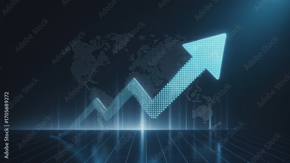 Foto de Stock Glowing blue arrow graph showing upward trend over a ...