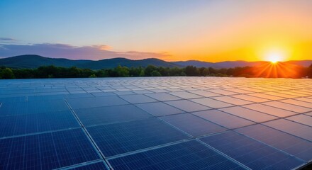 A vast solar panel array stretches towards rolling hills under a vibrant orange and