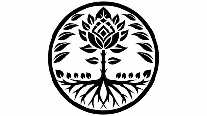 Stylized black and white tree with roots and leaves inside a circle frame design illustration graphic art silhouette