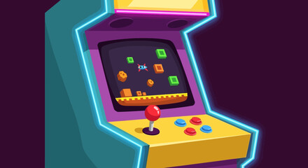 Vibrant Retro Arcade Game Machine with Neon Lights and Classic Controls.