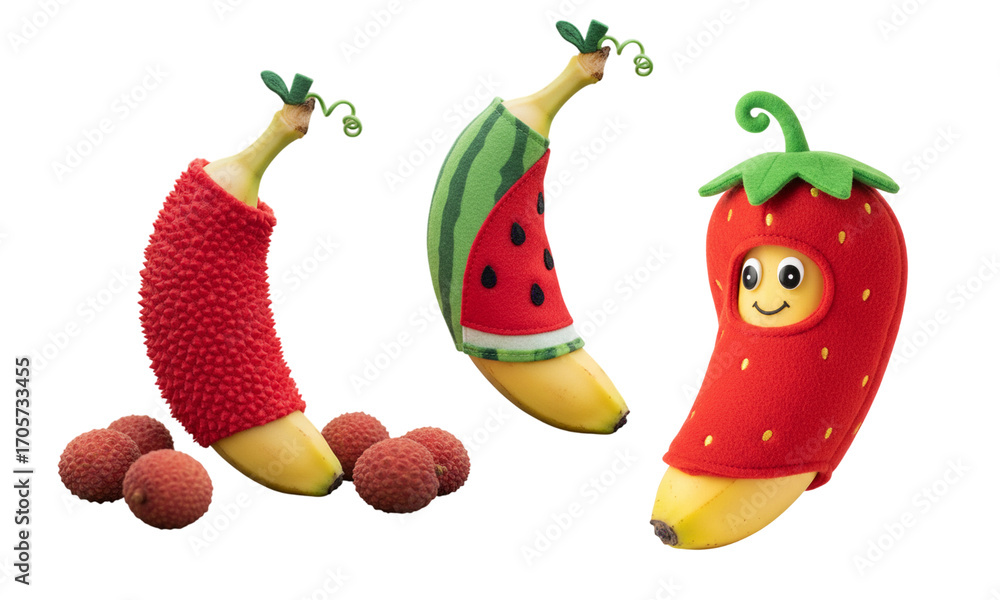 Creative Cartoon Bananas in Fruit Costumes – Lychee, Watermelon, and Strawberry Outfits, Funny AI Food Illustration