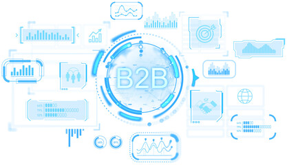 B2B concept with glowing digital interface, data charts, and business symbols in blue graphic style on transparent isolated background, symbolizing analytics