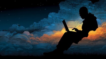 A person works on a laptop at twilight with a night sky backdrop filled with binary code patterns,