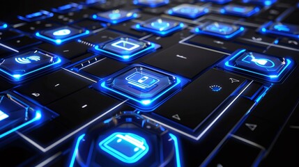Futuristic keyboard showing illuminated digital icons representing modern technology and innovation