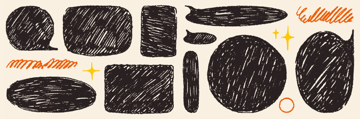 Wall Mural - Crayon text box, strikethrough and star shape. Retro color charcoal texture speech bubble for collage, sticker and design template. Empty vector elements for text, message.