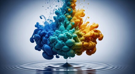 Wall Mural - Colorful Ink Drops into Water Creating Ripples on a Light Background, Abstract Art