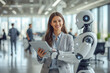 © Sync - Woman and AI humanoid robot work together and collaborating while send job with tablet, symbolizing AI partnership help job